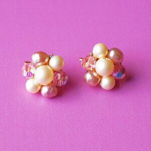 Mid-Century Pink AB Crystal & Faux Pearl Floral Cluster Earrings, circa 1950s